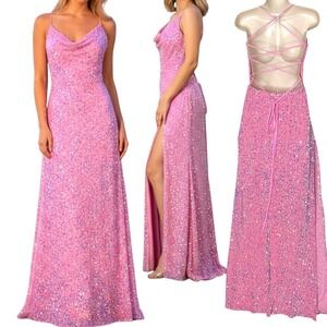 Lucy in the Sky Cowl Neck Sequins Maxi Dress S Pink Formal Party Prom Homecoming